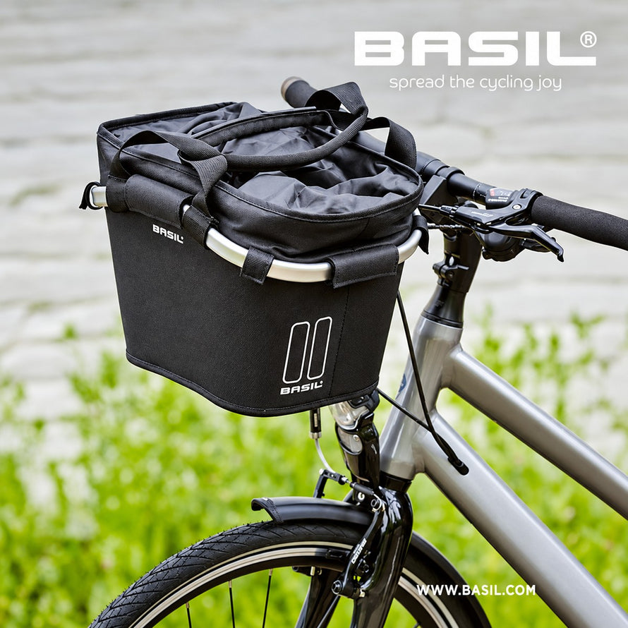 Panier avant souple amovible Basil Carry All KF 15 L noir pour vélo avec fermeture et poignée ergonomique