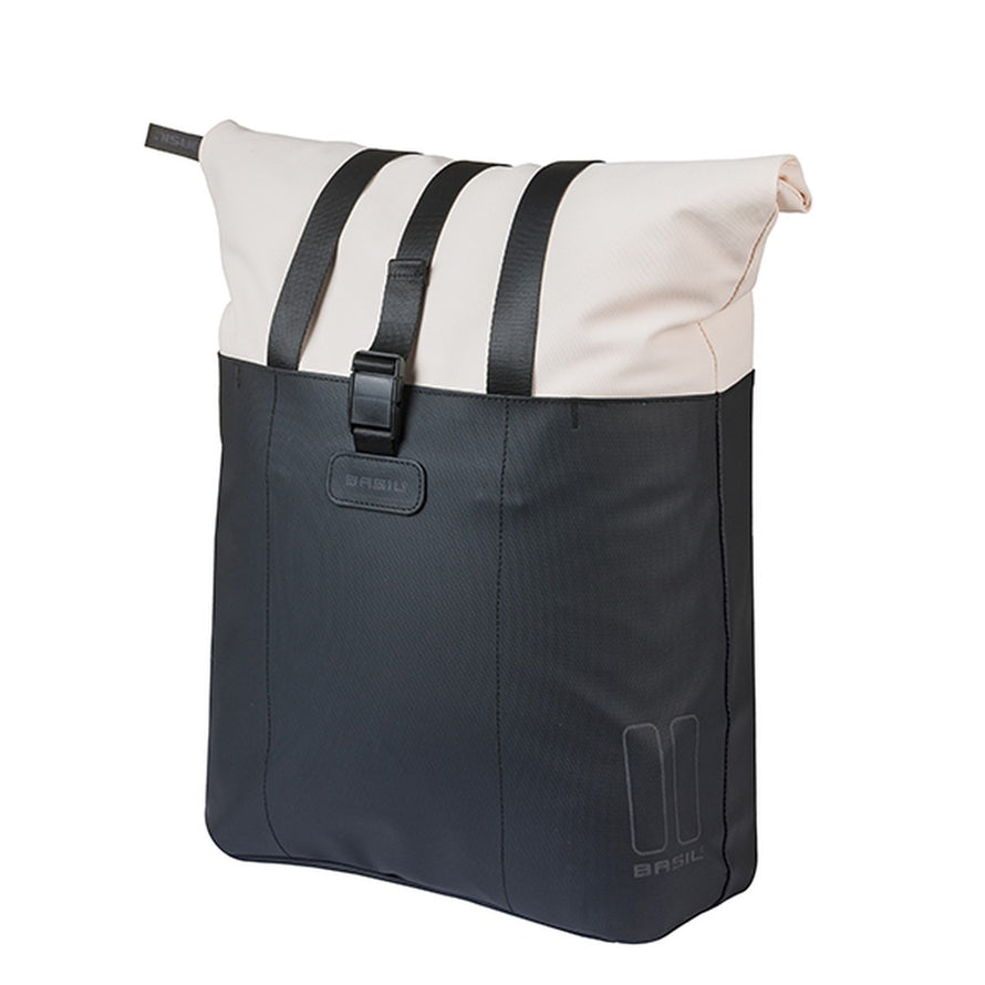 Sac cabas etanche pour velo 20 L Basil Vive en noir et blanc, ideal pour proteger vos affaires sous la pluie