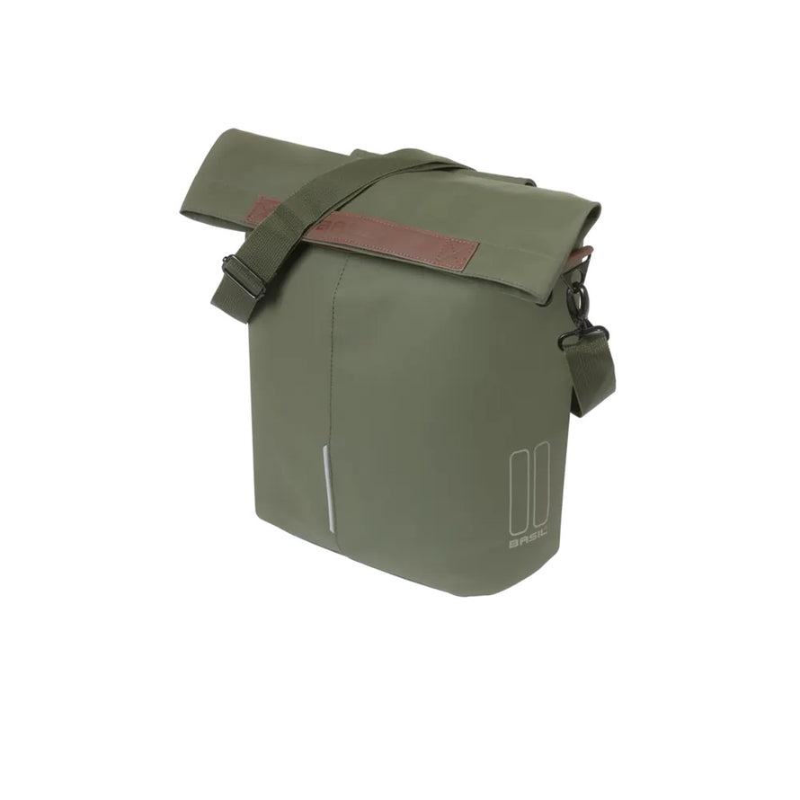 Sacoche Basil City Shopper vert kaki pour porte-bagages MIK Studs, pratique et stylée pour vélo urbain