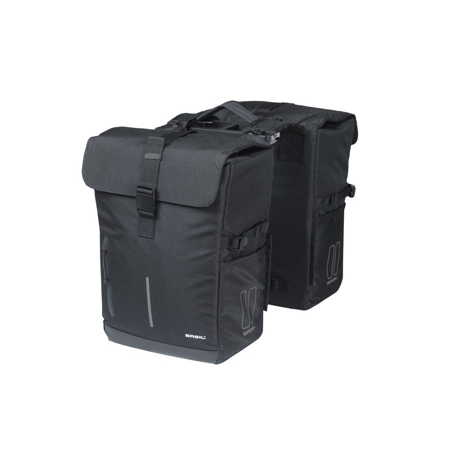 Sacoche double Basil Move 2 x 15L noire avec fixation universelle, robuste et spacieuse pour porte-bagages vélo