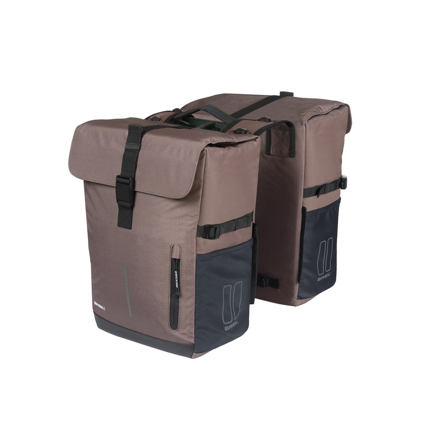Sacoche double Basil Move 2 x 15L taupe avec fixation universelle et zip pour porte-bagages vélo