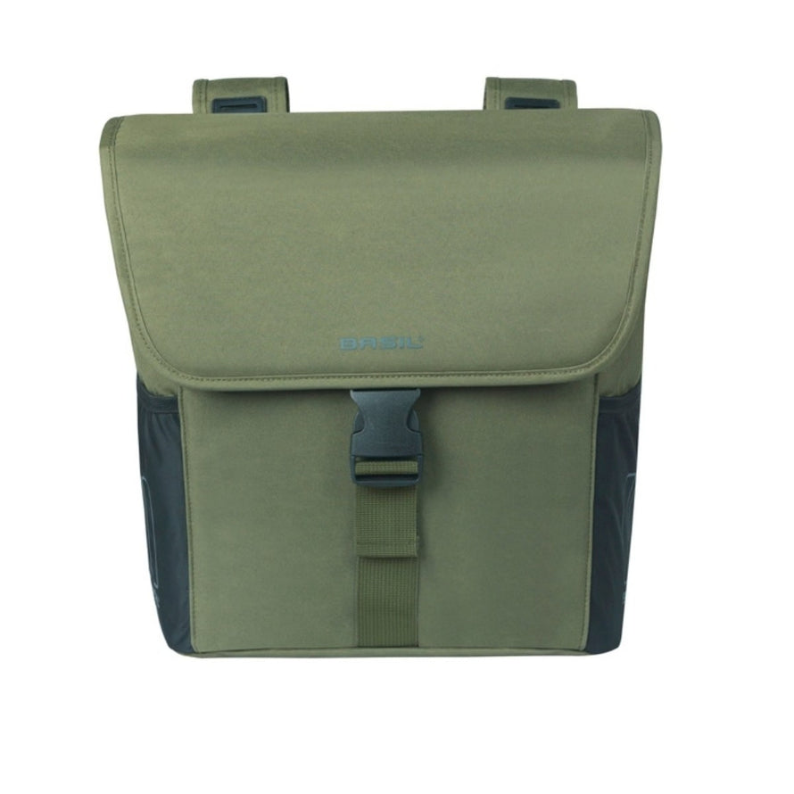 Sacoche double amovible Basil GO 2x16L kaki fonce avec fixation rapide pour porte-bagages vélo