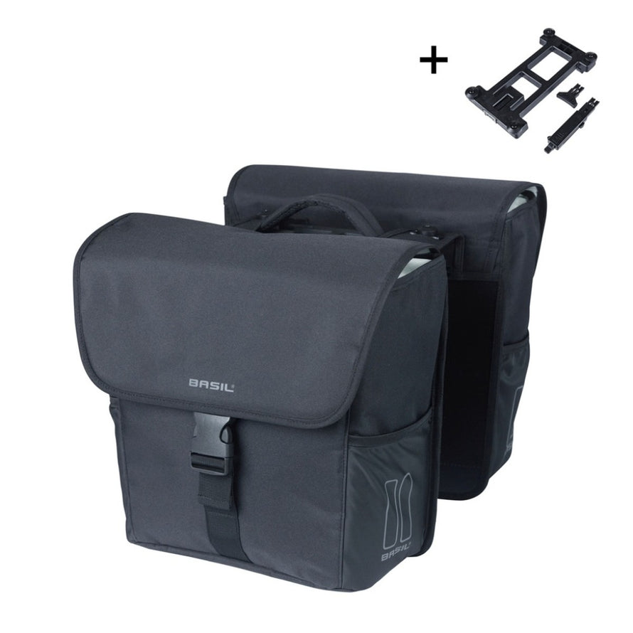 Sacoche double vélo Basil GO amovible 2x16L noire avec fixation rapide pour porte-bagages