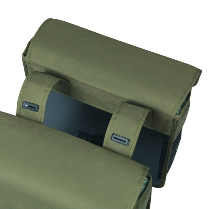 Sacoche double vélo Basil GO amovible 2x16L olive foncé avec système de fixation rapide sur porte-bagages