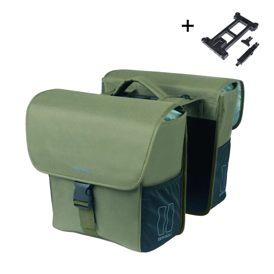 Sacoche double vélo Basil GO amovible 2x16L en vert souple avec fixation rapide pour porte-bagages