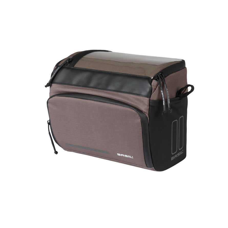 Sacoche de guidon Basil Move 7-8L taupe et noir, robuste et spacieuse pour vos trajets à vélo