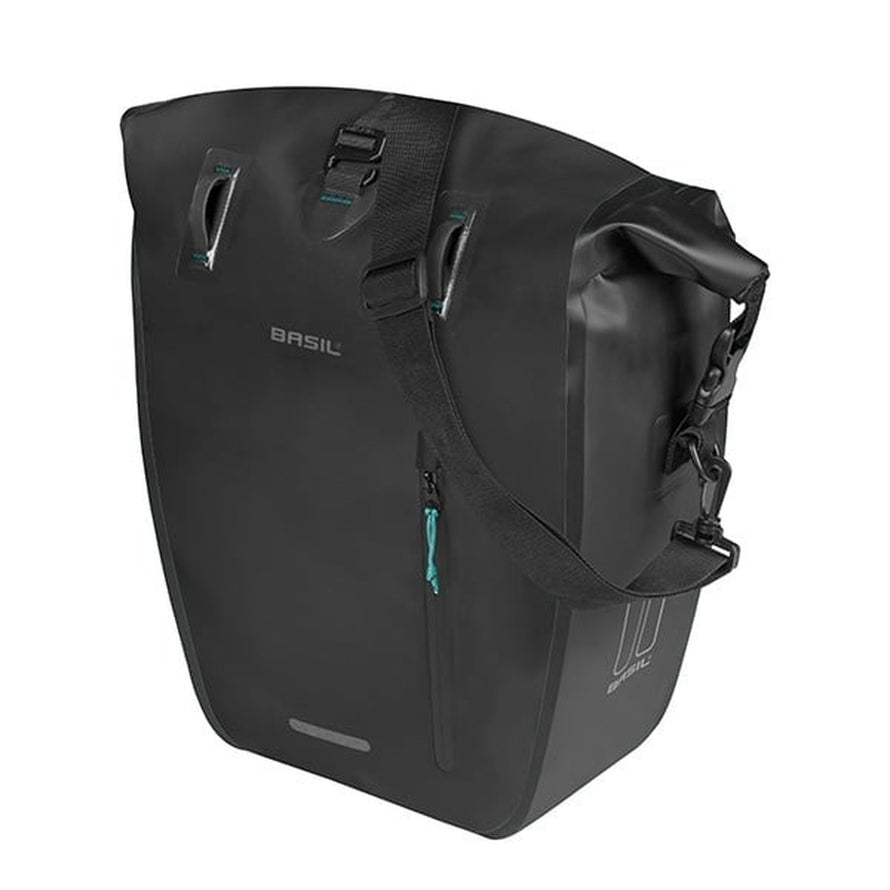 Sacoche imperméable Basil Rivo noire avec bandoulière ajustable et fermeture sécurisée pour vélo