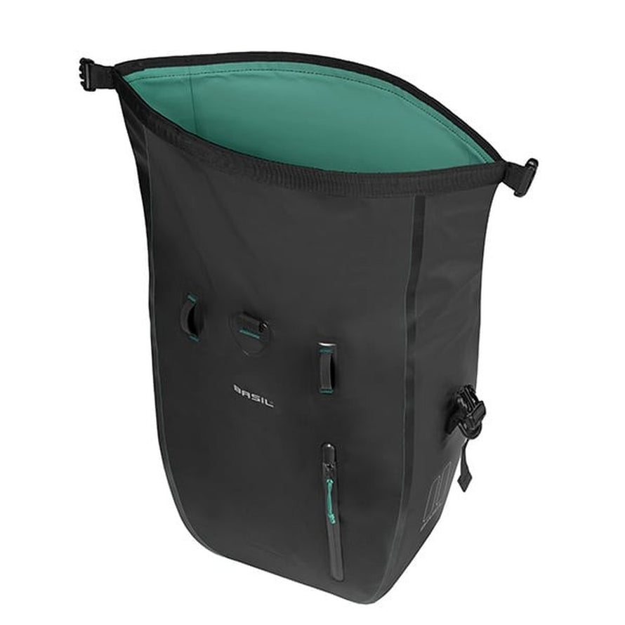 Sacoche Basil Rivo noire avec intérieur vert, imperméable et pratique pour vélo urbain