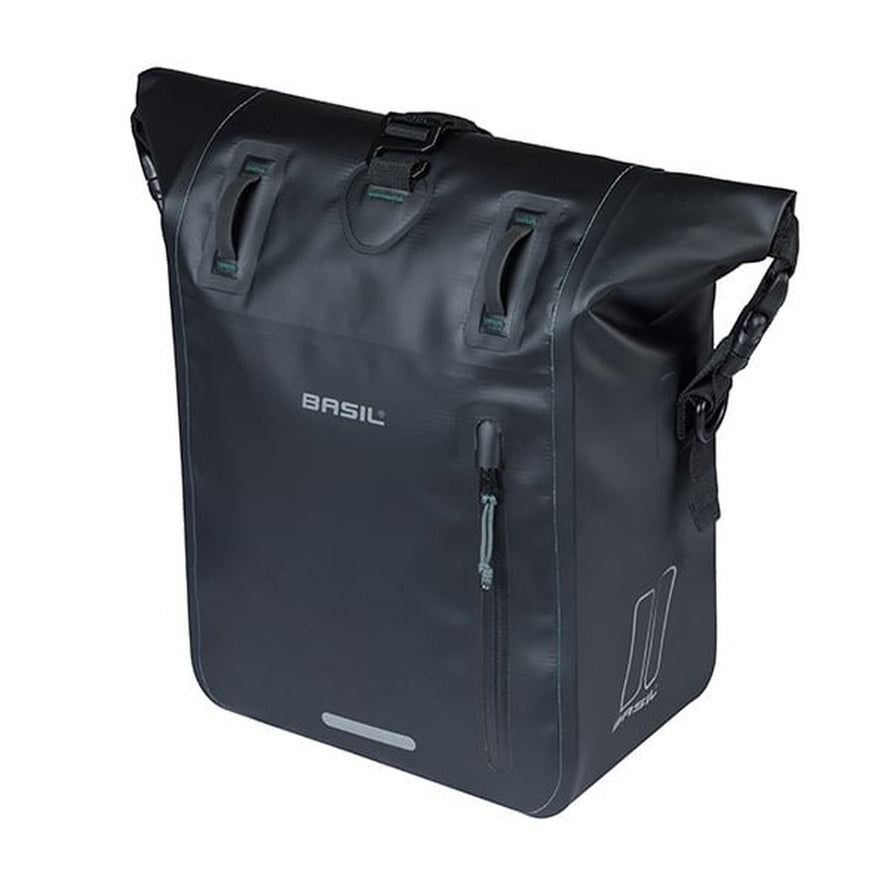 Sacoche Basil Rivo noire avec fermeture zip avant et fixation solide, idéale pour vélo urbain et usage quotidien