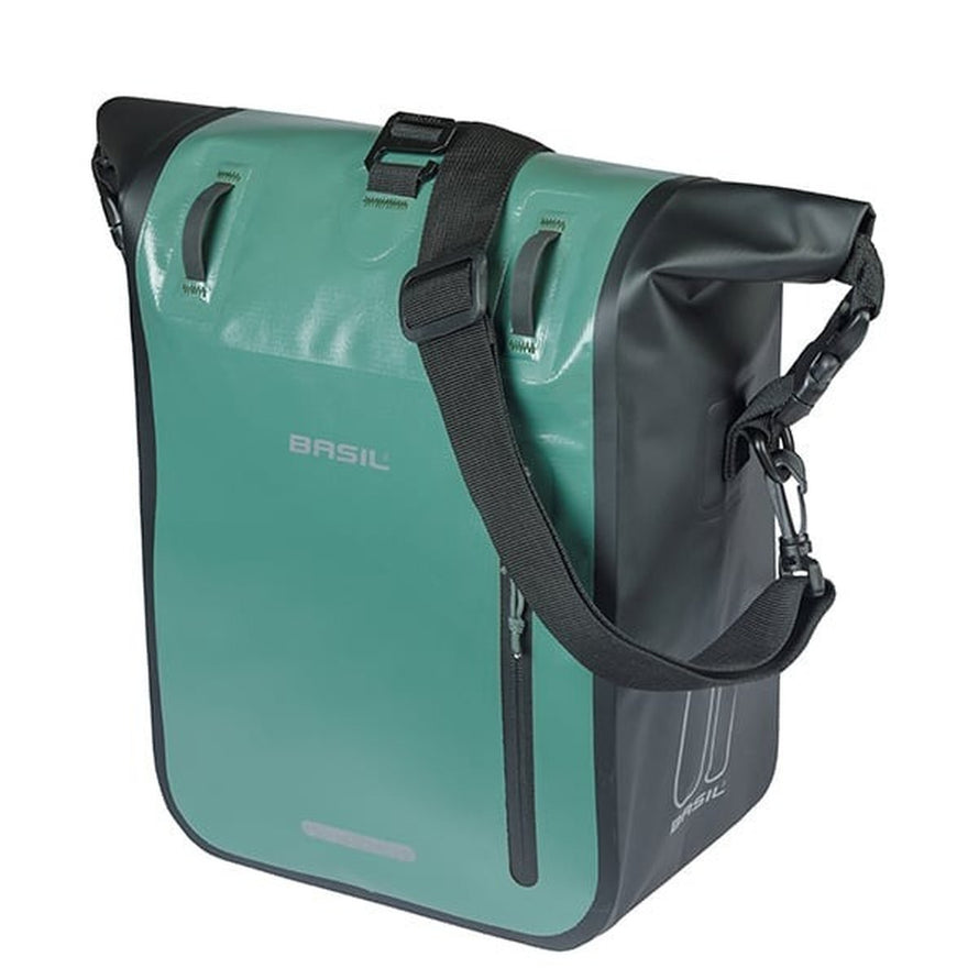 Sacoche Basil Rivo verte et noire avec fermeture éclair imperméable pour vélo urbain pratique et résistante
