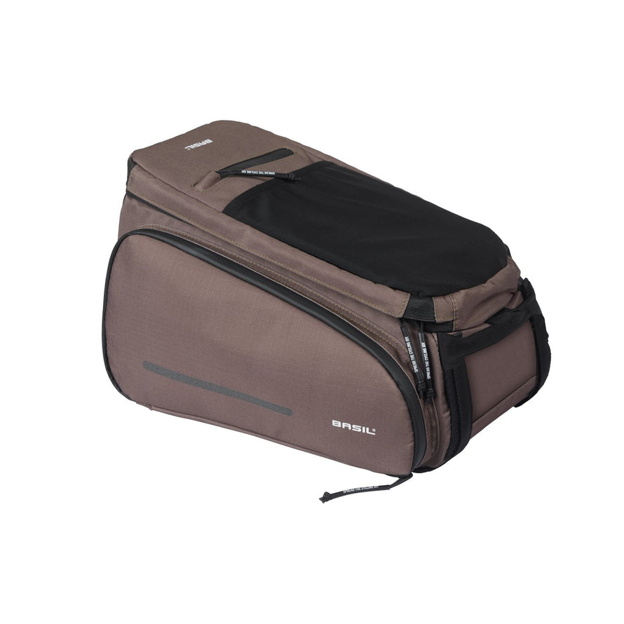 Sacoche vélo Basil Move Trunkbag 10-26L marron compatible porte-bagages MIK, design modulable et pratique pour cyclistes urbains