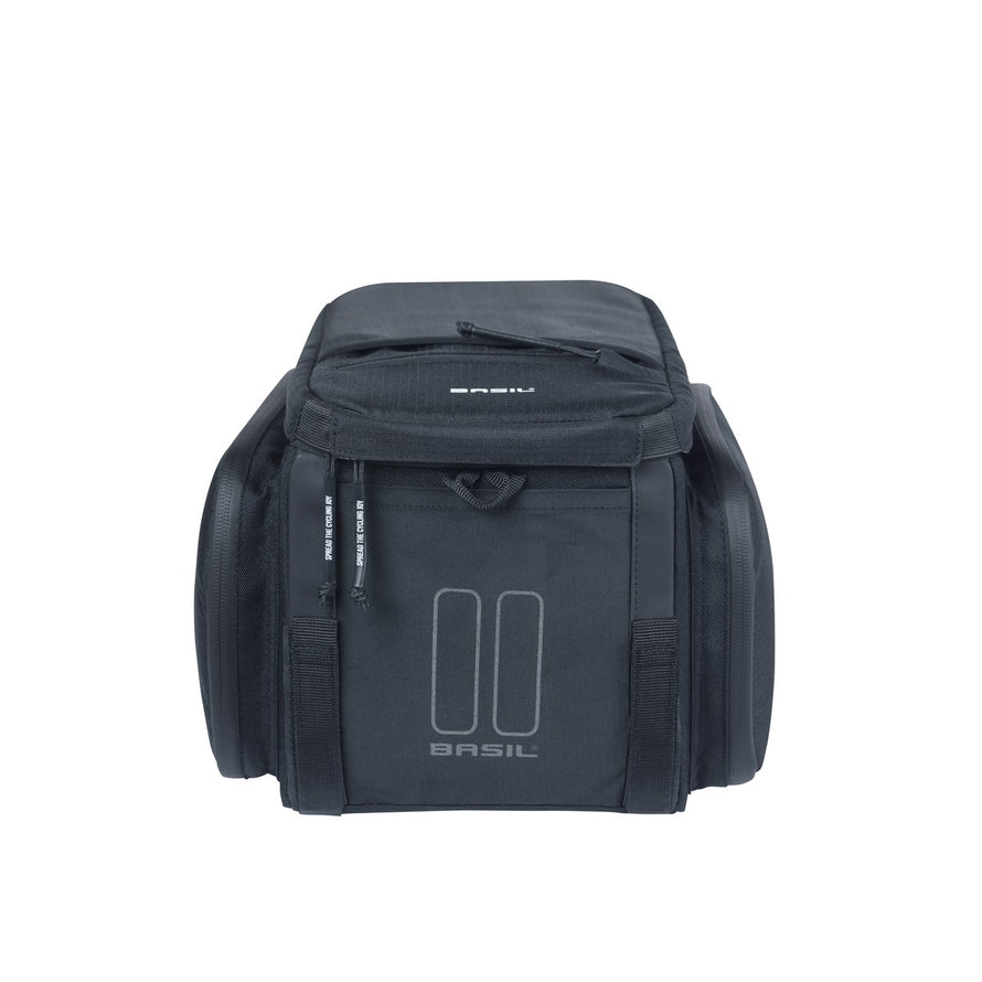 Sacoche vélo Basil Move Trunkbag 10-26L noire vue avant compatible porte-bagages MIK, design urbain robuste
