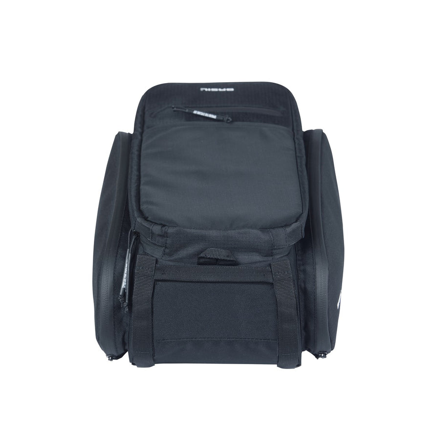 Sacoche vélo Basil Move Trunkbag 10-26L vue de face, compatible porte-bagages MIK, design fonctionnel et capacité modulable