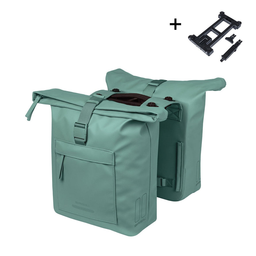 Sacoches doubles Basil Brooklyn 2 x 20,5L couleur menthe, étanches et pratiques pour vélo urbain
