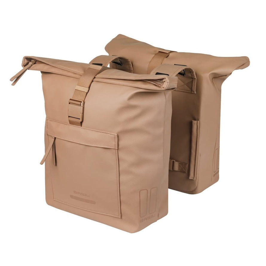 Sacoches doubles Basil Brooklyn 2 x 20,5L couleur sable, étanches et pratiques pour vélo de ville