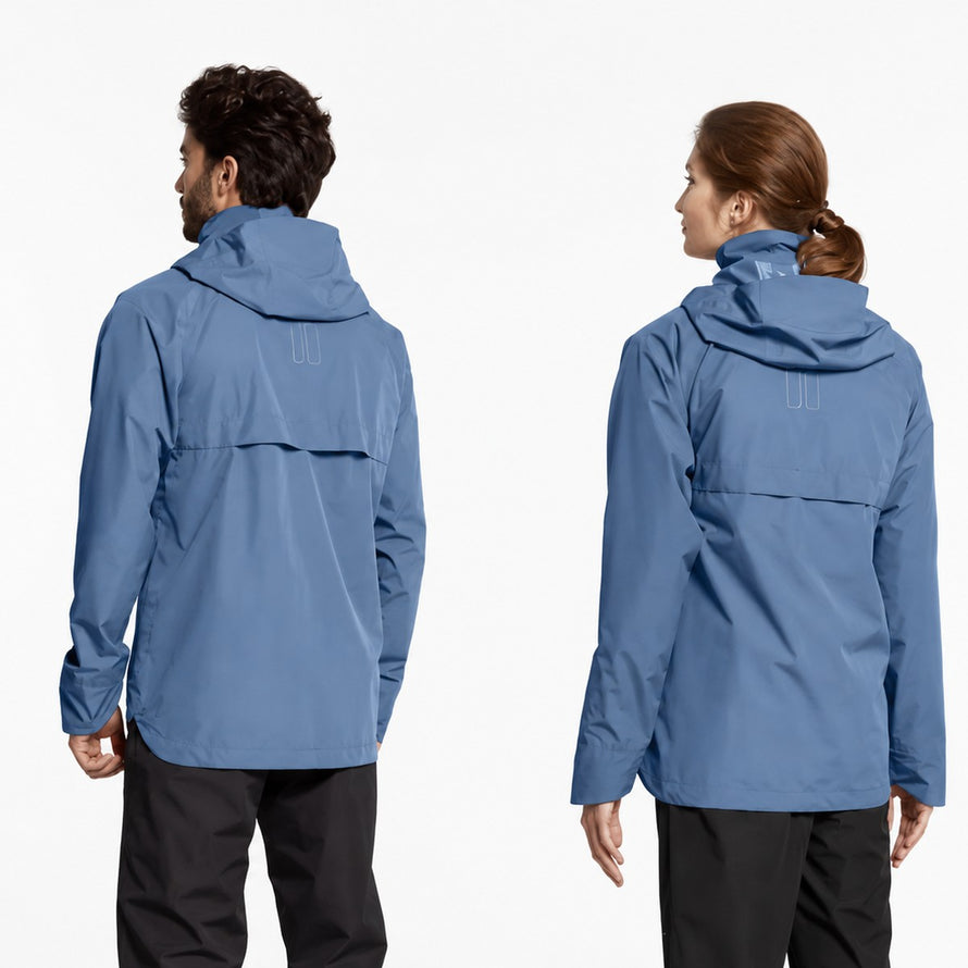 Veste imperméable Basil Hoga bleu unisexe vue arrière avec capuche pour cyclistes sous la pluie
