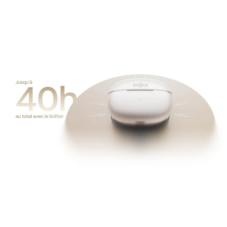 Boitier blanc des ecouteurs bluetooth velo Shokz Opendots 2 avec autonomie jusqu a 40 heures