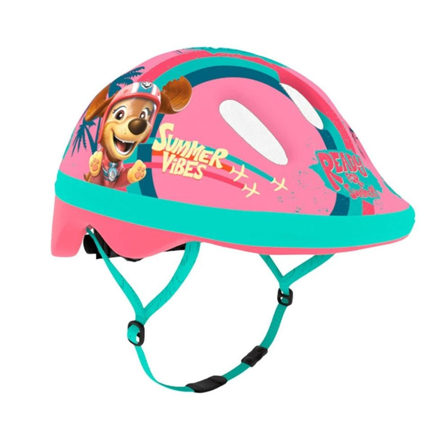 Casque vélo enfant brandless modèle Pat'Patrouille rose et bleu avec illustration de chien et motifs summer vibes