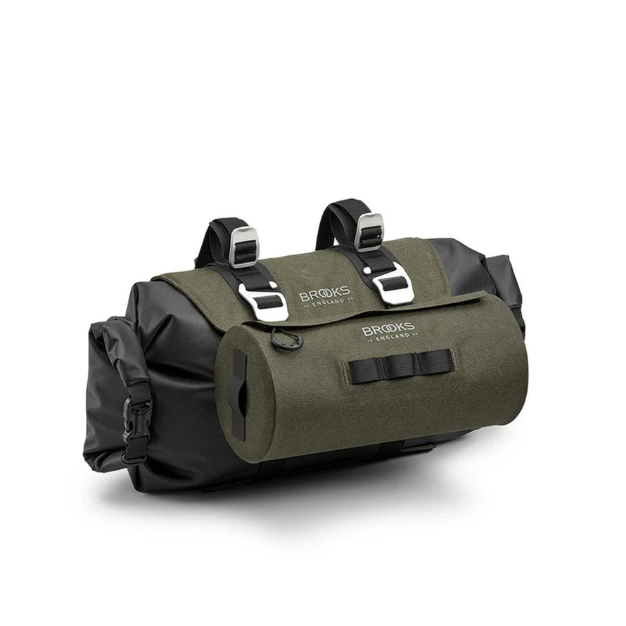 Sacoche de guidon Brooks Scape HandleBar Roll 9L gris olive, imperméable et robuste pour vélo gravel et bikepacking