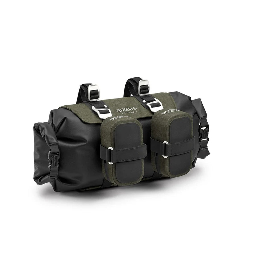 Sacoche de guidon Brooks Scape HandleBar Roll 9L gris olive, étanche et robuste pour bikepacking et cyclotourisme