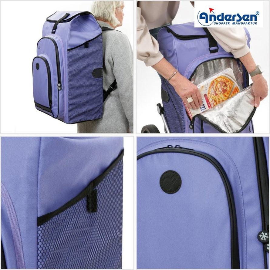 Caddie vélo Andersen Royal Plus avec sac isotherme 62L couleur lavande, idéal pour courses et balades
