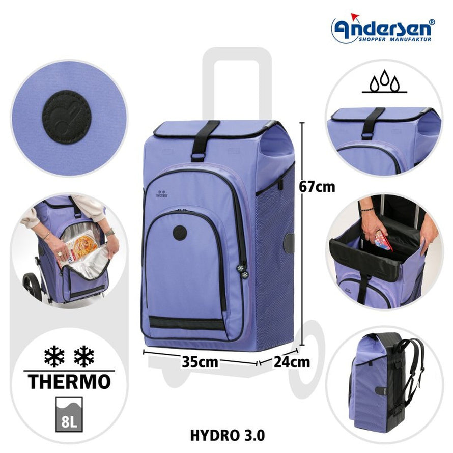 Caddie vélo Andersen Royal Plus avec sac isotherme Hydro 62L lavande, dimensions et caractéristiques thermo