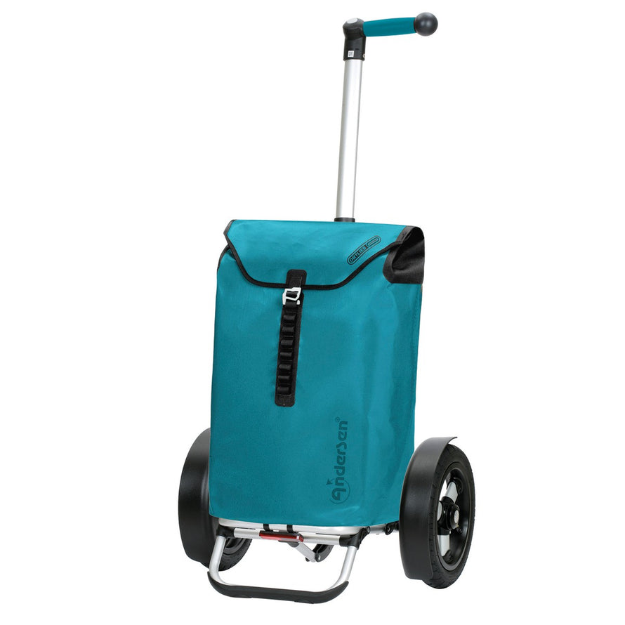 Caddie pour velo Andersen Tura avec sac etanche Ortlieb bleu, ideal pour transport courses et balades