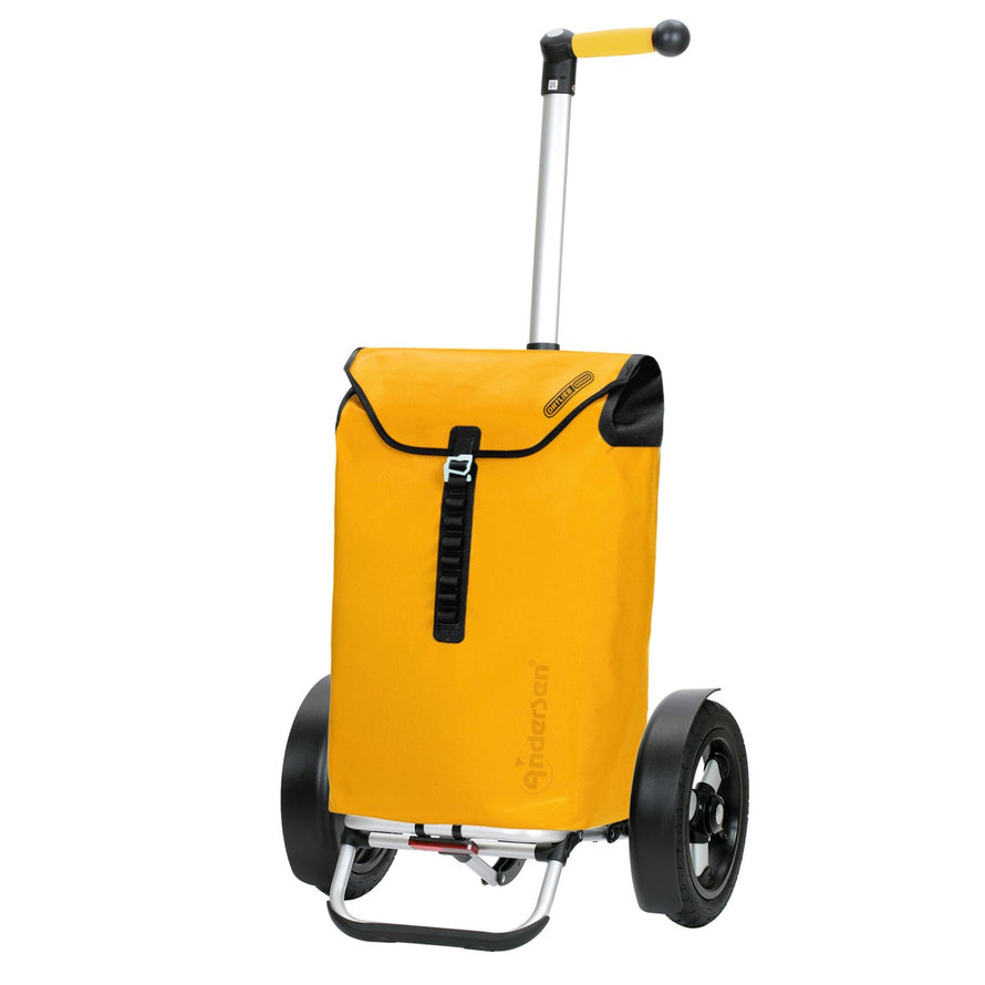 Caddie pour vélo Andersen Tura avec sac étanche Ortlieb jaune, idéal pour courses et balades