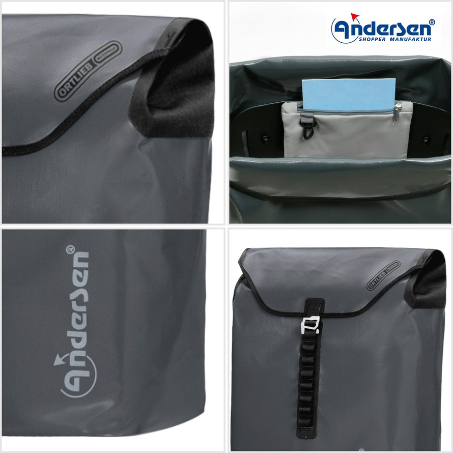 Caddie pour vélo Andersen Tura avec sac étanche Ortlieb noir, pratique pour courses et balades en toute sécurité