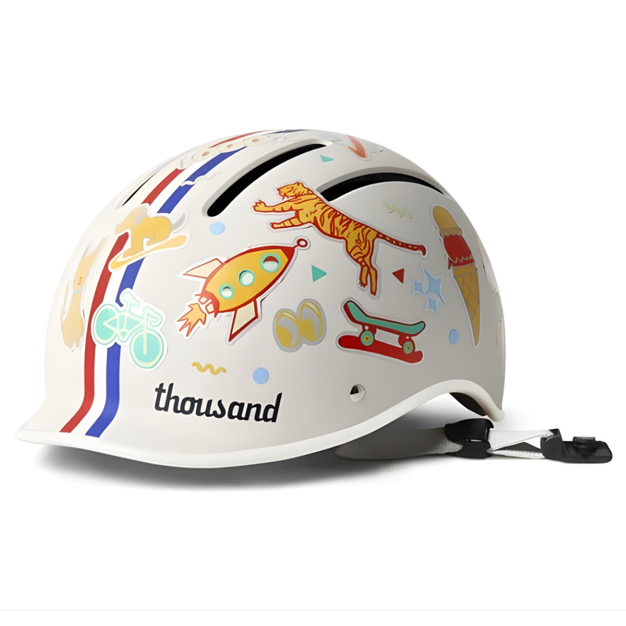 Casque vélo enfant Thousand Jr Speedway crème décoré d’autocollants, vue trois quarts