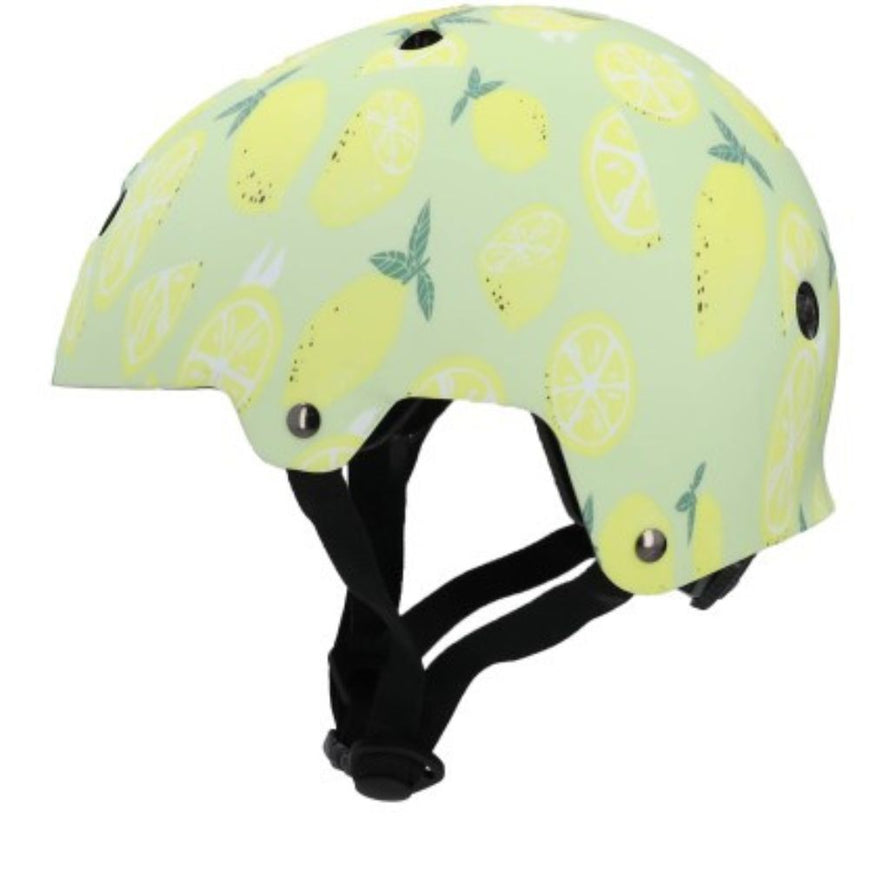 Casque multisports Coolride Lemon pour enfant avec motifs citron jaunes et verts, design fruité.