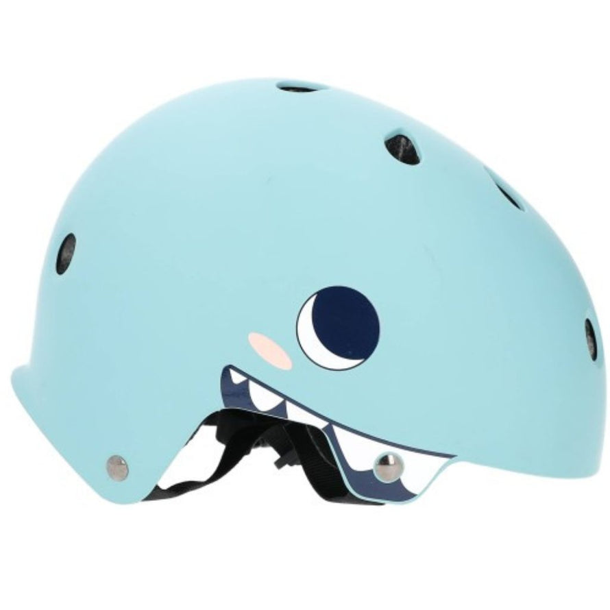 Casque enfant Coolride Shark vu de profil droit, design ludique bleu requin.