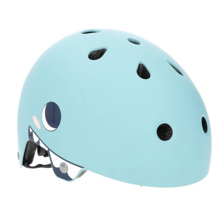 Casque enfant multisports Coolride Shark bleu avec dents de requin visibles sur le côté et aérations. 