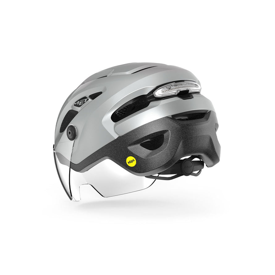 Casque Met Intercity Mips gris clair avec feu LED arrière pour visibilité et sécurité en vélo urbain