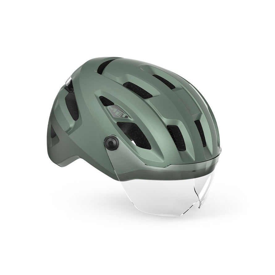 Casque Met Intercity Mips vert avec visière claire intégrée pour protection et confort en ville