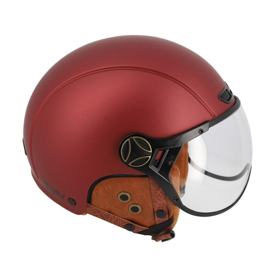 Casque urbain Optimiz O404 rouge mat avec visiere transparente et interieur en cuir marron pour cyclistes urbains
