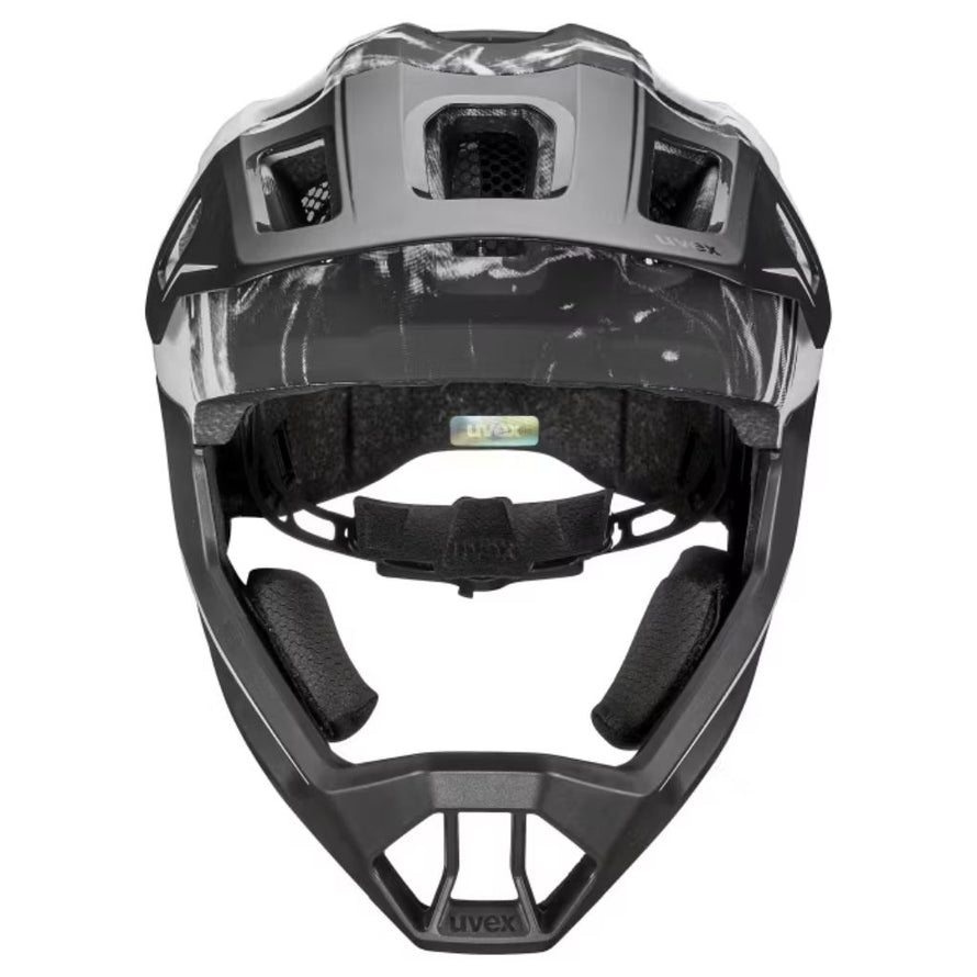 Vue de face du casque enfant Uvex React Jr Fullface avec mentonnière