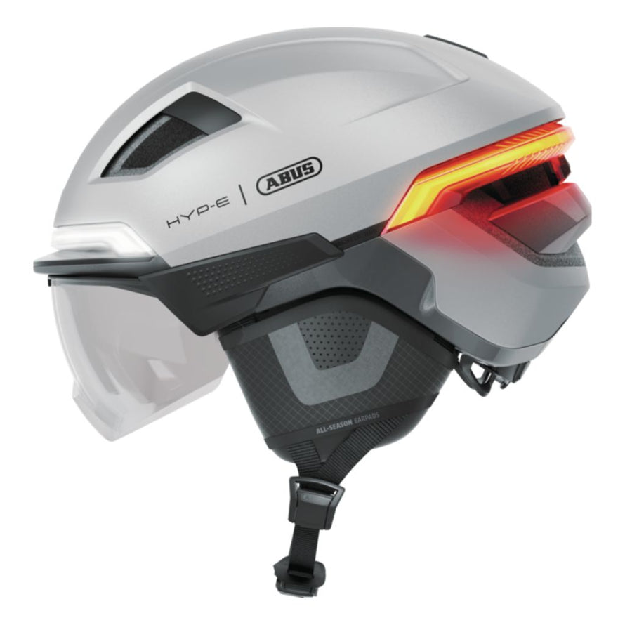 Profil gauche du casque de vélo Abus Hyp-E Ace avec visière intégrée et éclairage led arrière pour la sécurité en ville