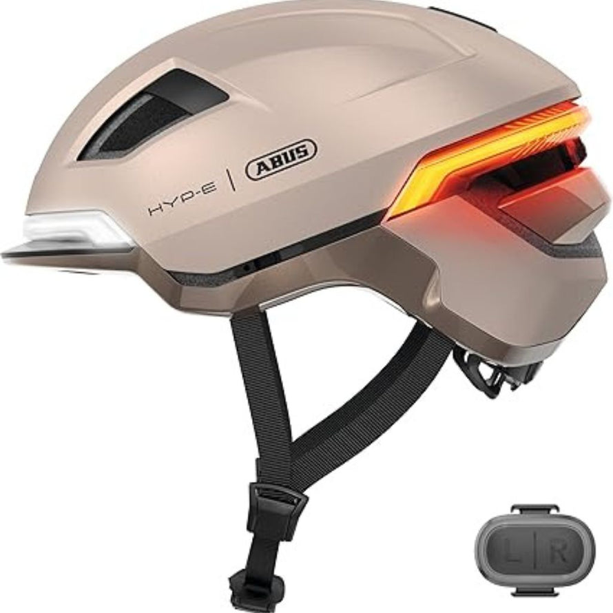 Casque vélo électrique Abus  Hype-e unisexe lumineux éclairage visibilité clignotant Fidlock Zoom Spin In Mold Hard Shell champagne