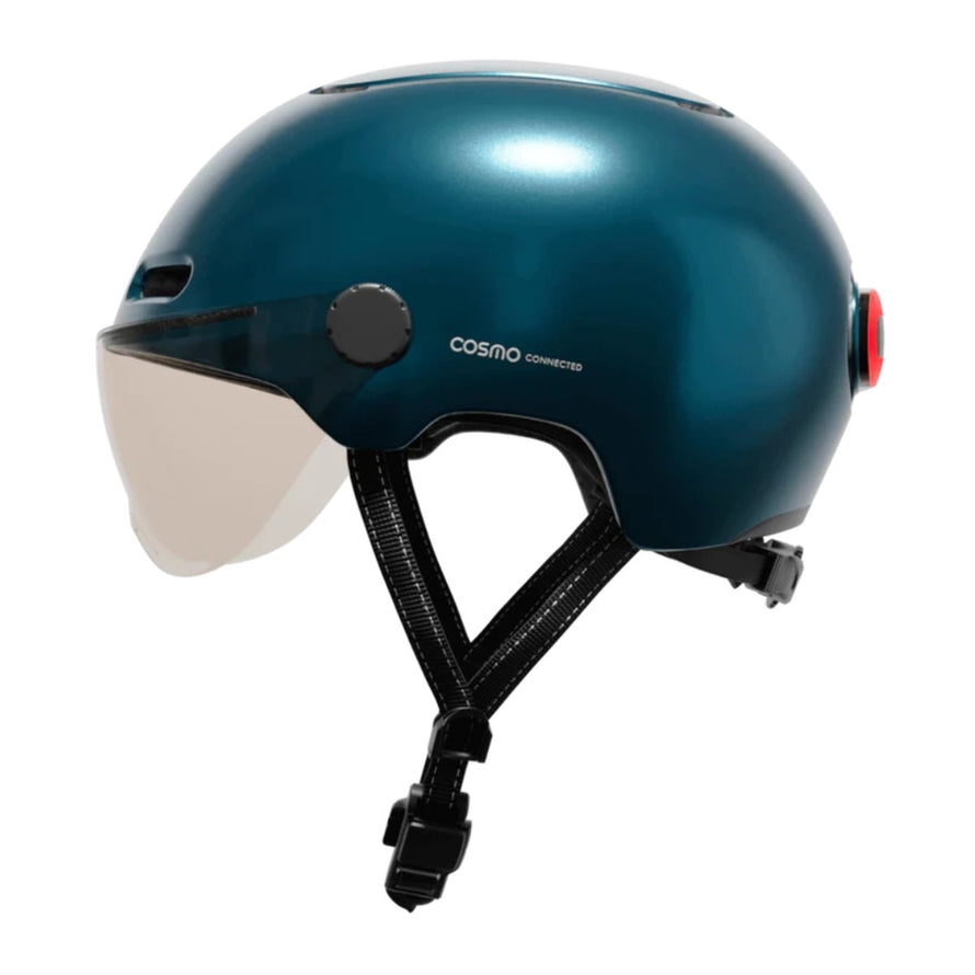 Casque vélo connecté Cosmo Connected Fusion bleu profil avec visière intégrée et système de sécurité avancé