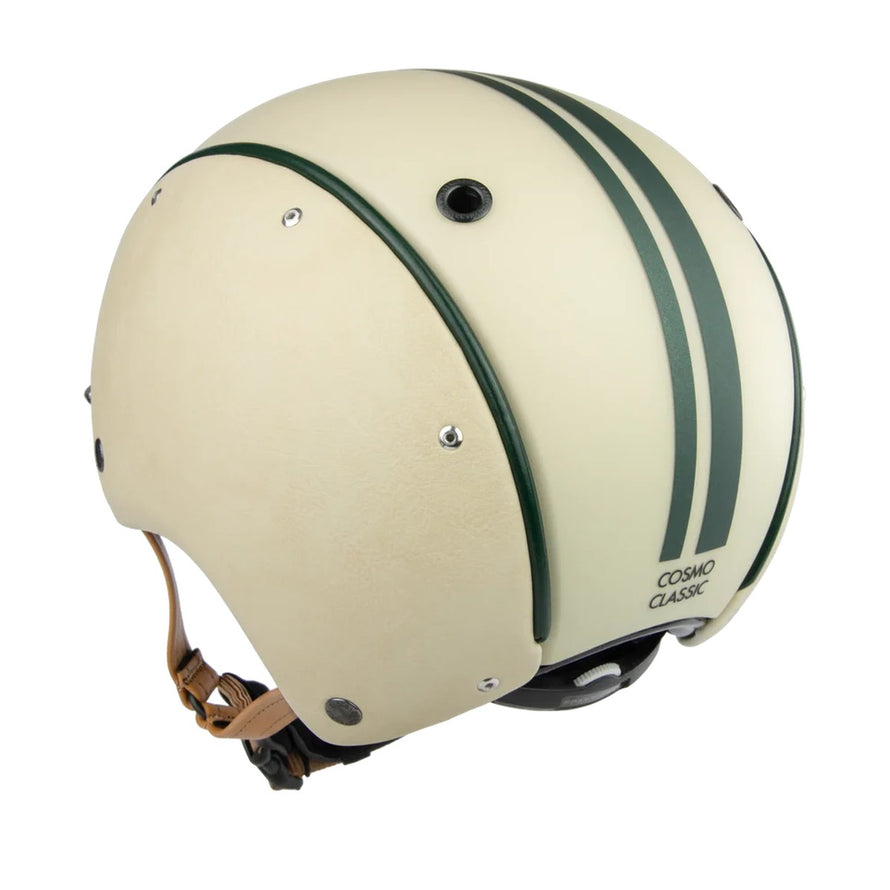 Casque vélo Cosmo Classic Casco crème avec rayures vertes et sangle cuir clair, design rétro et protection fiable