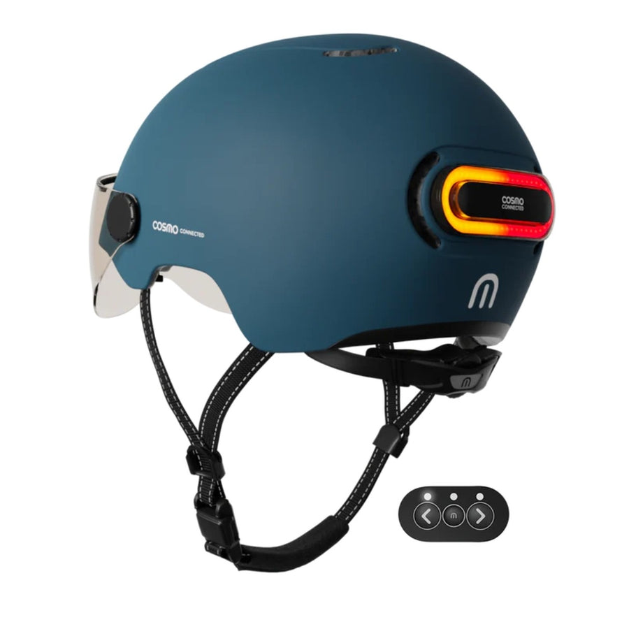 Casque vélo connecté Cosmo Connected Fusion bleu avec feu arrière lumineux et télécommande pour sécurité renforcée