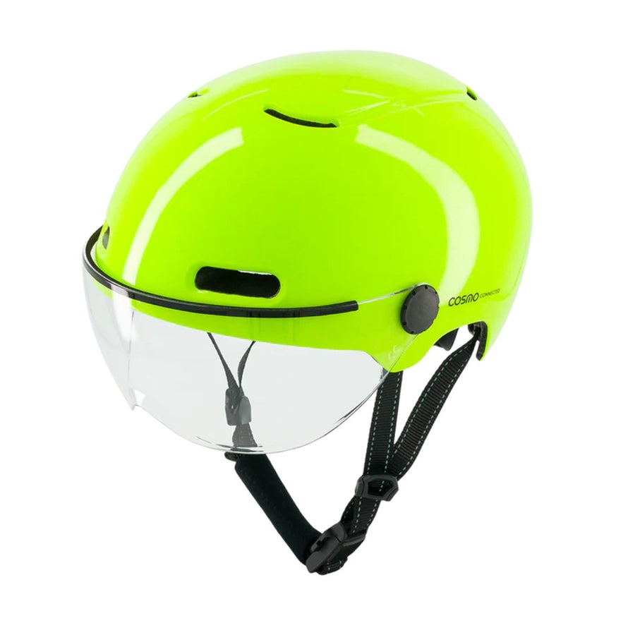 Casque vélo connecté Cosmo Connected Fusion jaune avec visière transparente et système de sécurité innovant