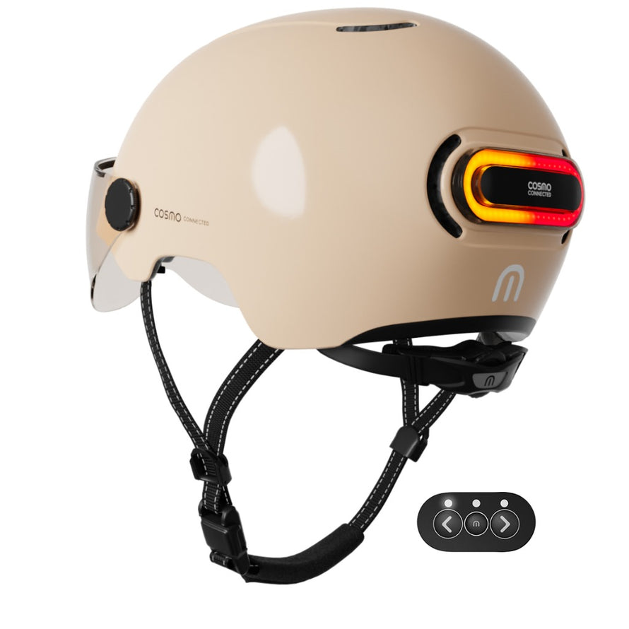 casque vélo lumineux connecté cosmo fusion sand vue de derrière avec feu allumé et télécommande