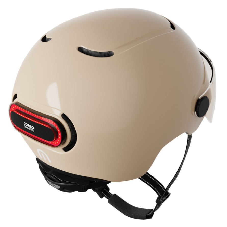 casque vélo lumineux connecté cosmo fusion sand vue de derriere avec feu lumineux