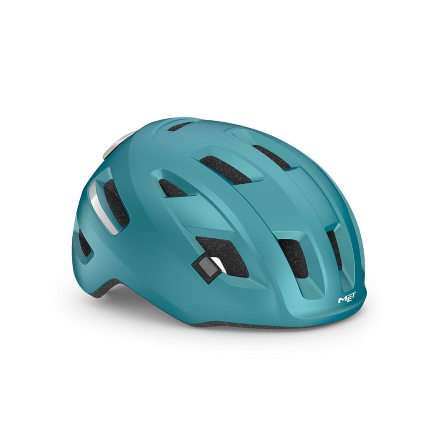 Casque Met E-Mob turquoise mat avec feu integre, securite et confort pour velo electrique moderne