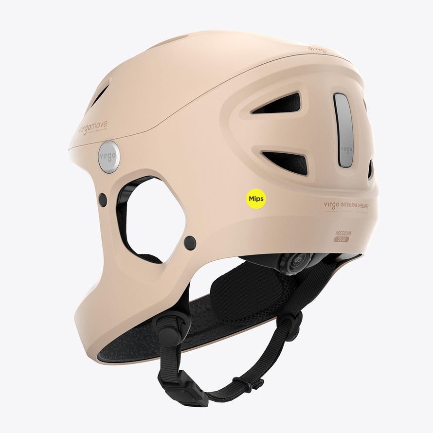 Casque vélo électrique Virgo Access Mips beige vu de dos avec mentonnière et système de protection intégrale.