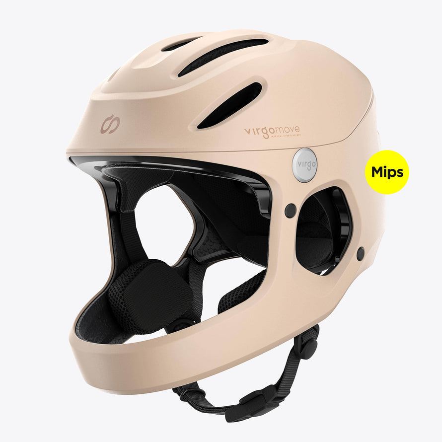 Casque Virgo Access Mips beige avec mentonnière protectrice et coque solide en ABS pour une sécurité maximale.