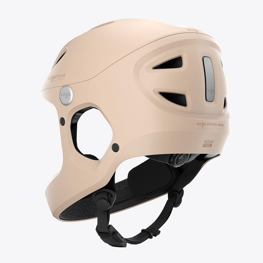 Casque intégral Virgo Access beige avec mentonnière renforcée et aérations, idéal pour vélos et trottinettes électriques.
