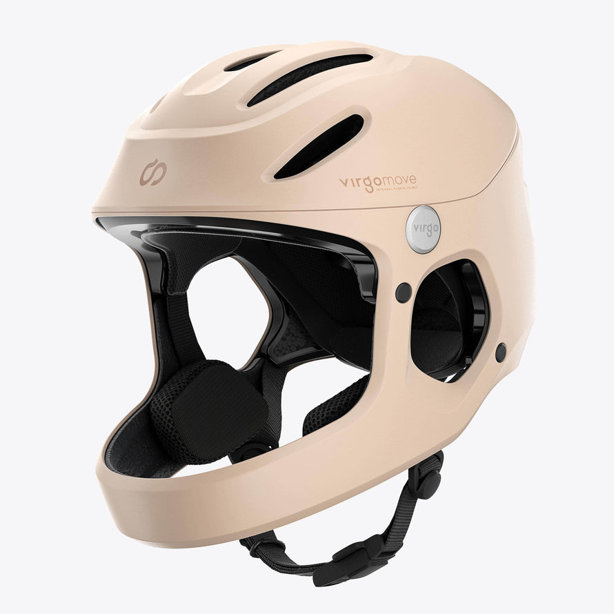 Casque Virgo Access beige avec système MIPS vu de dos, mentonnière intégrée et coque protectrice pour trajets urbains.
